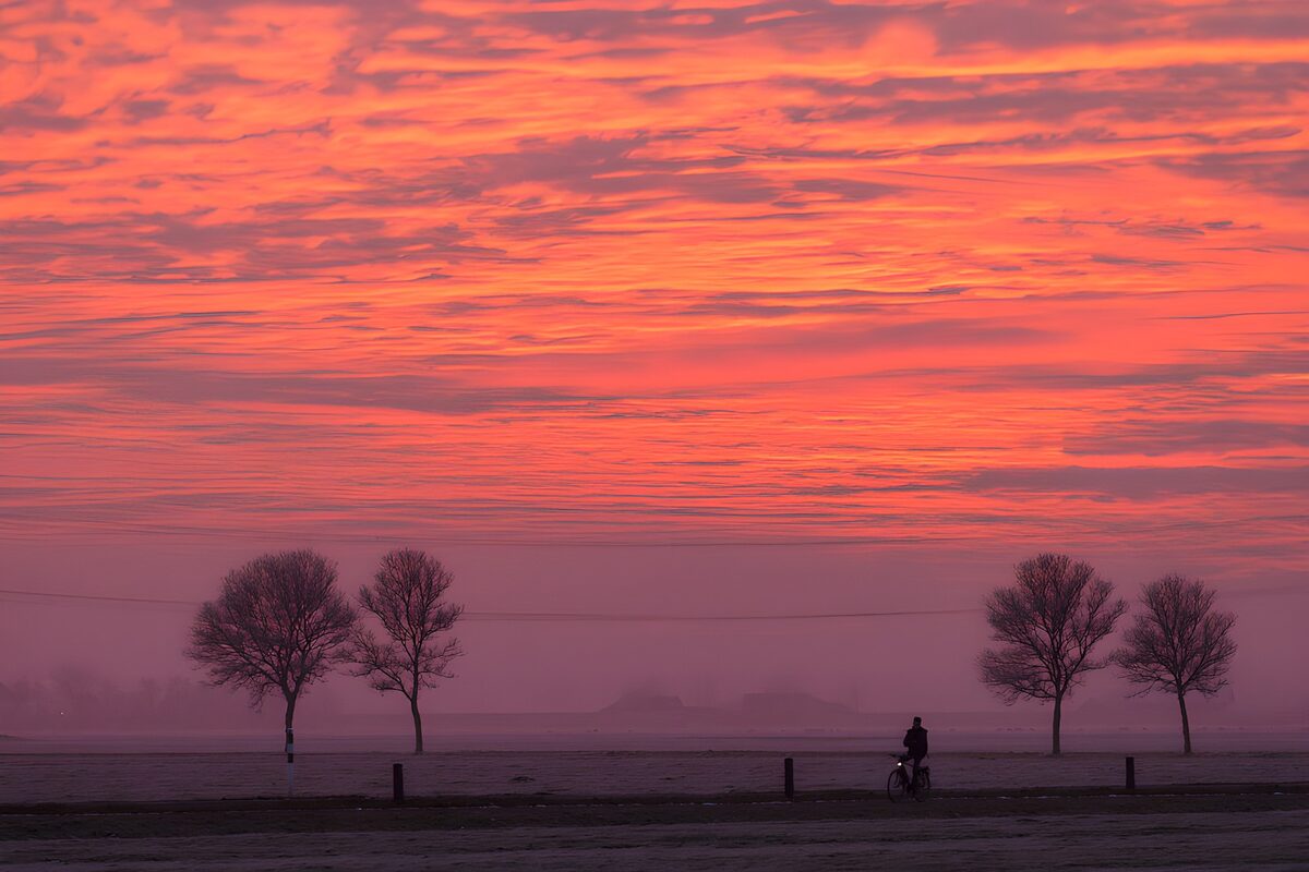 Lone cyclist beneath a pink sky