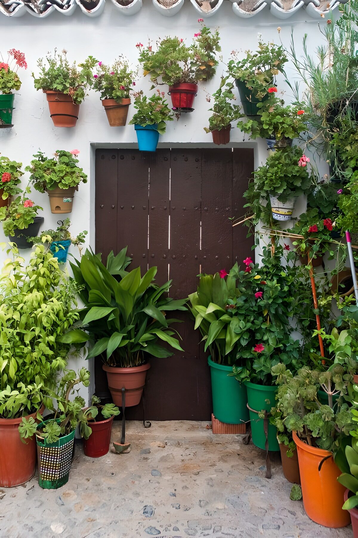 Dark wooden door framed by potted plants