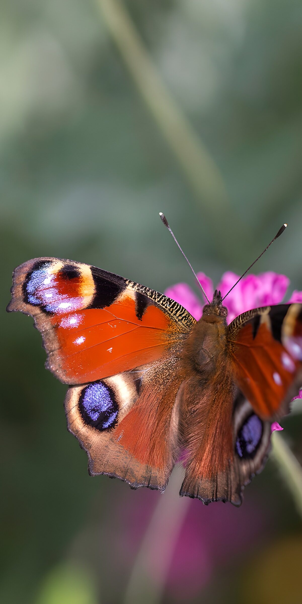 Peacock butterfly at rest on a pink flower
