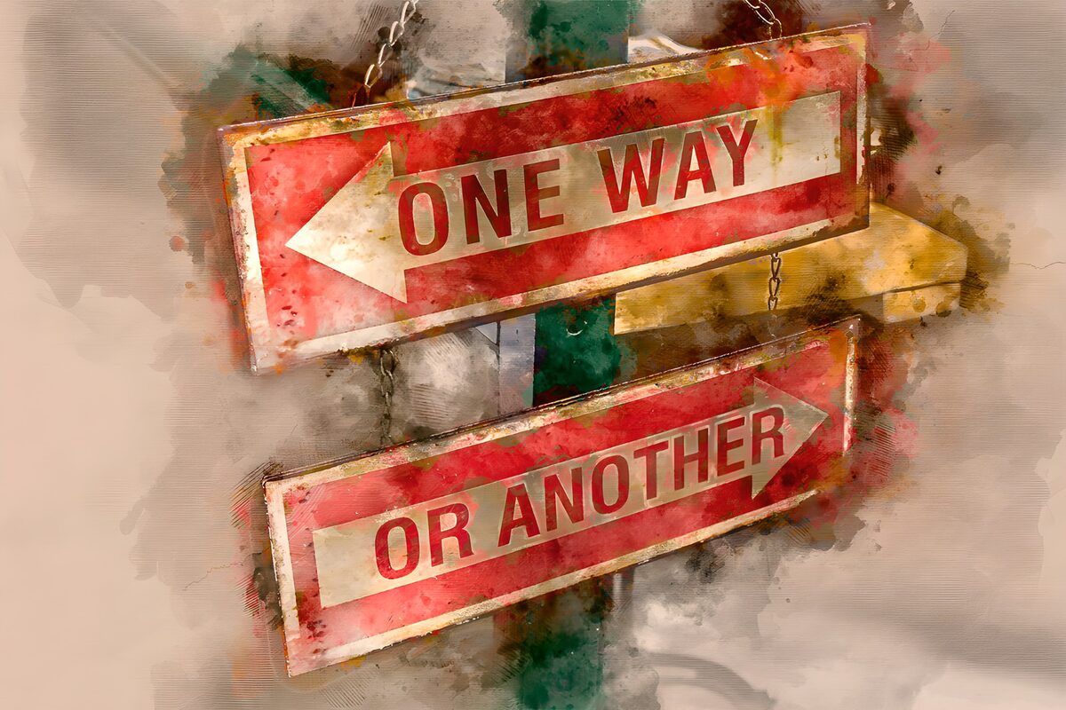 Weathered signs pointing both ways