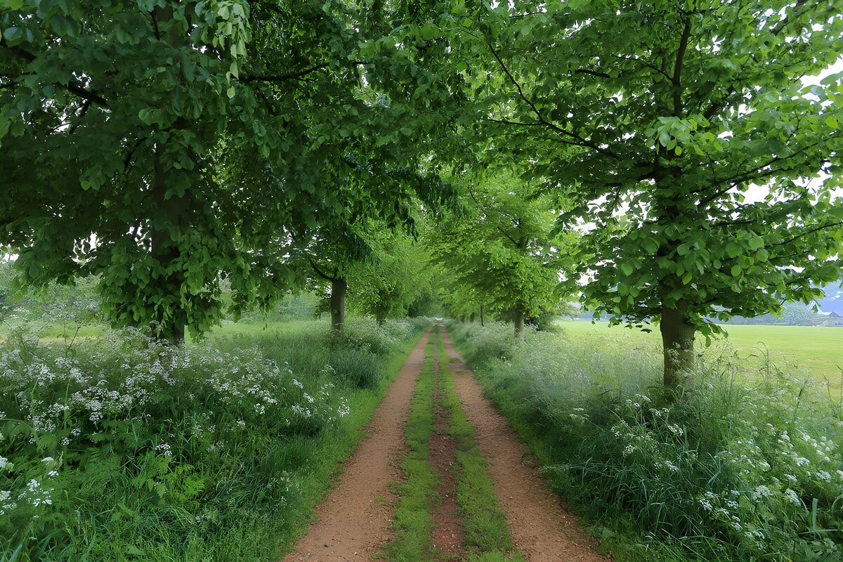 A quiet, tree-lined dirt track