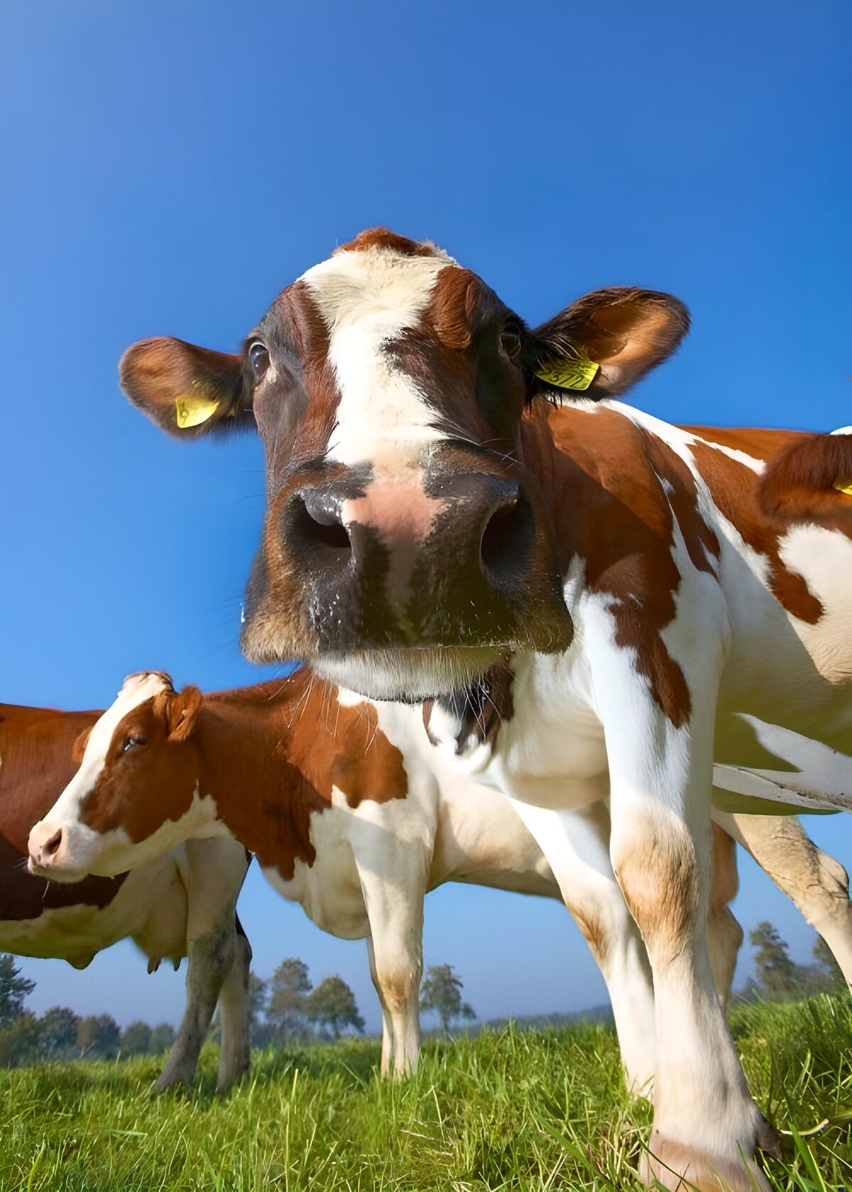 Brown-and-white cow, up close in the sun