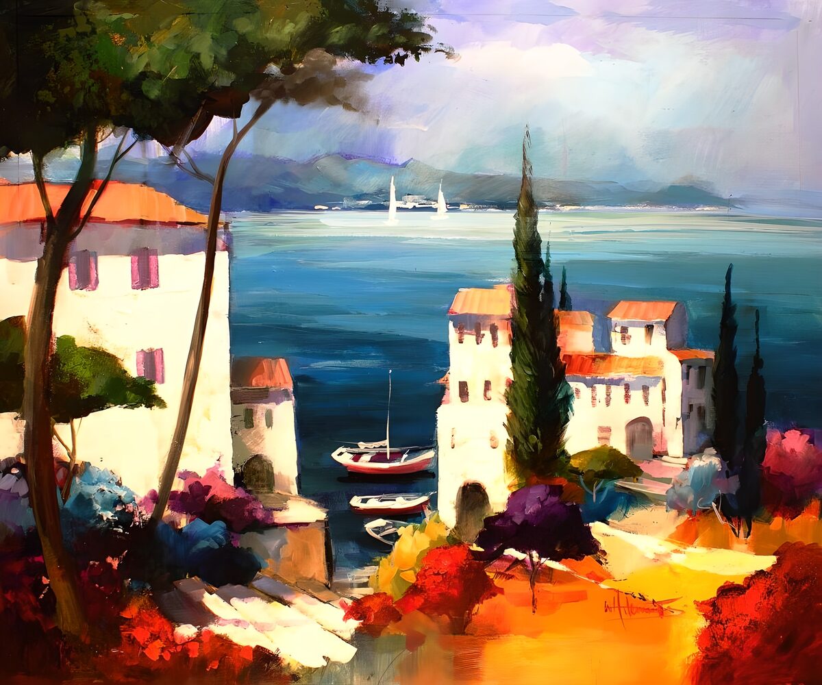 Sunlit coastal village and boats