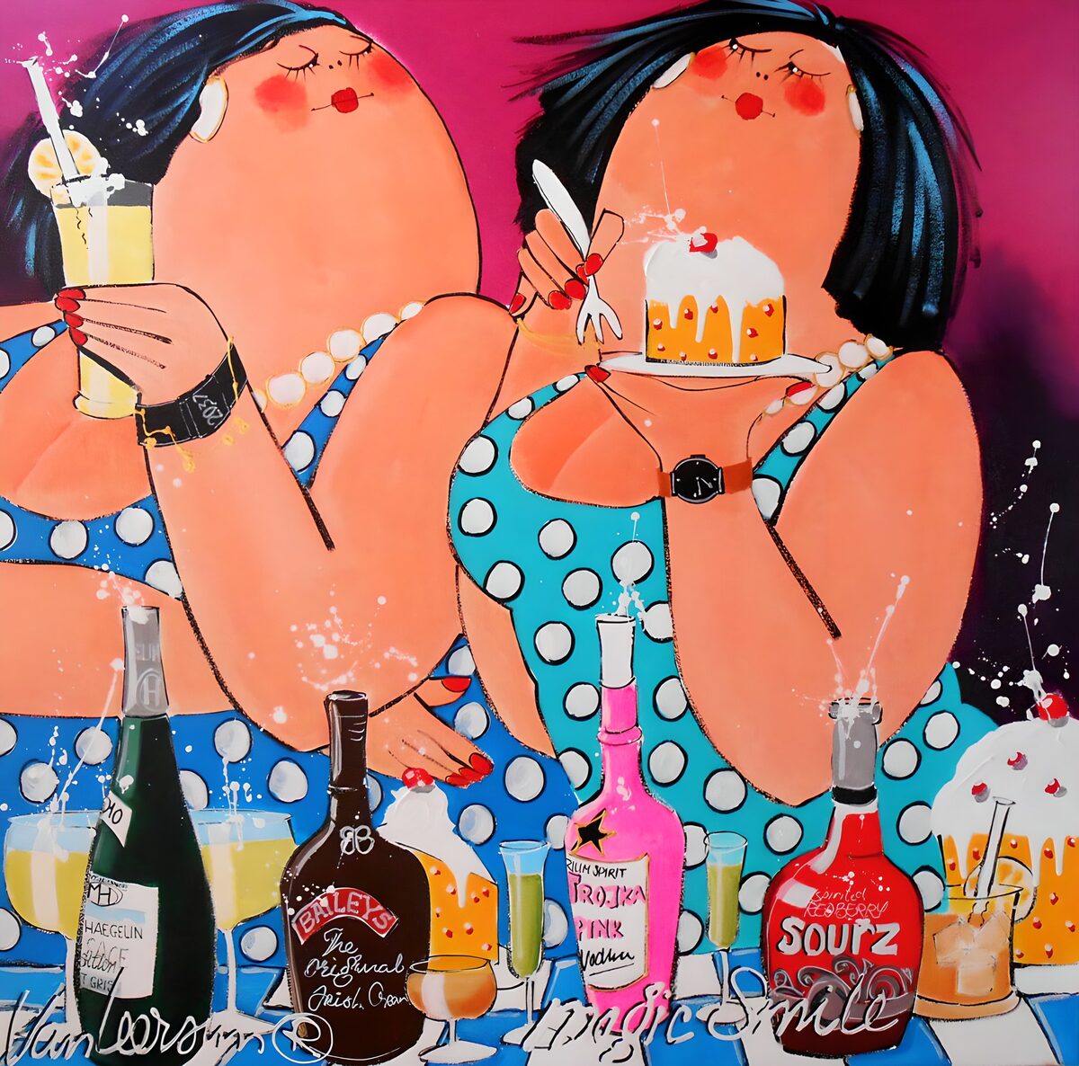 Two women with cocktails and cake
