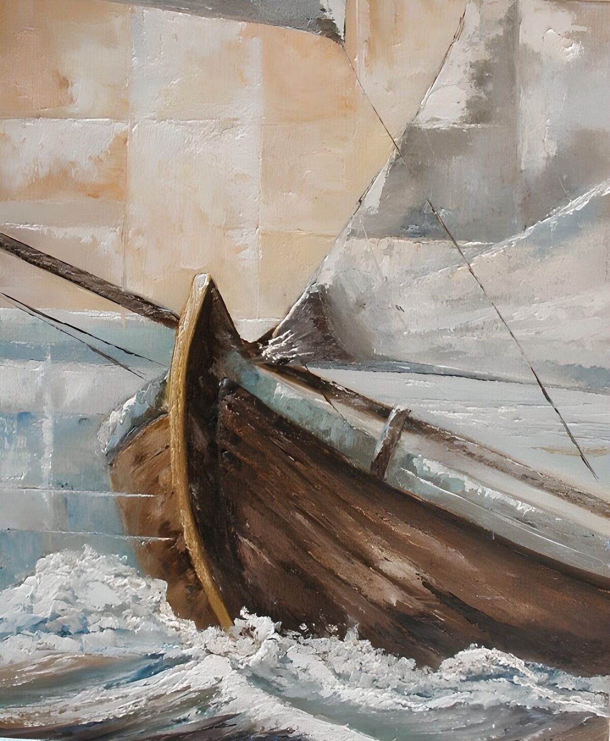 Weathered sailing boat in choppy seas