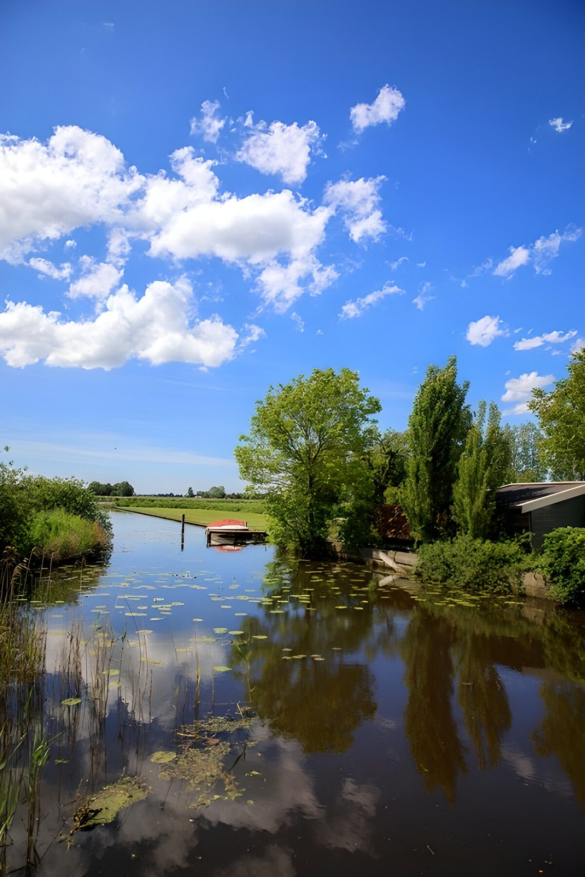 Water lilies under a wide summer sky
