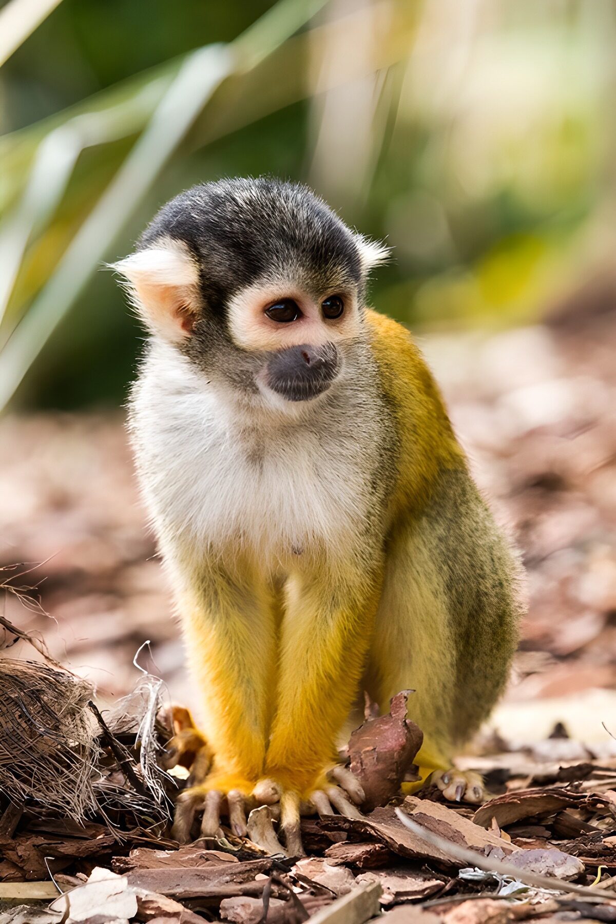 Squirrel monkey sitting quietly on leaves
