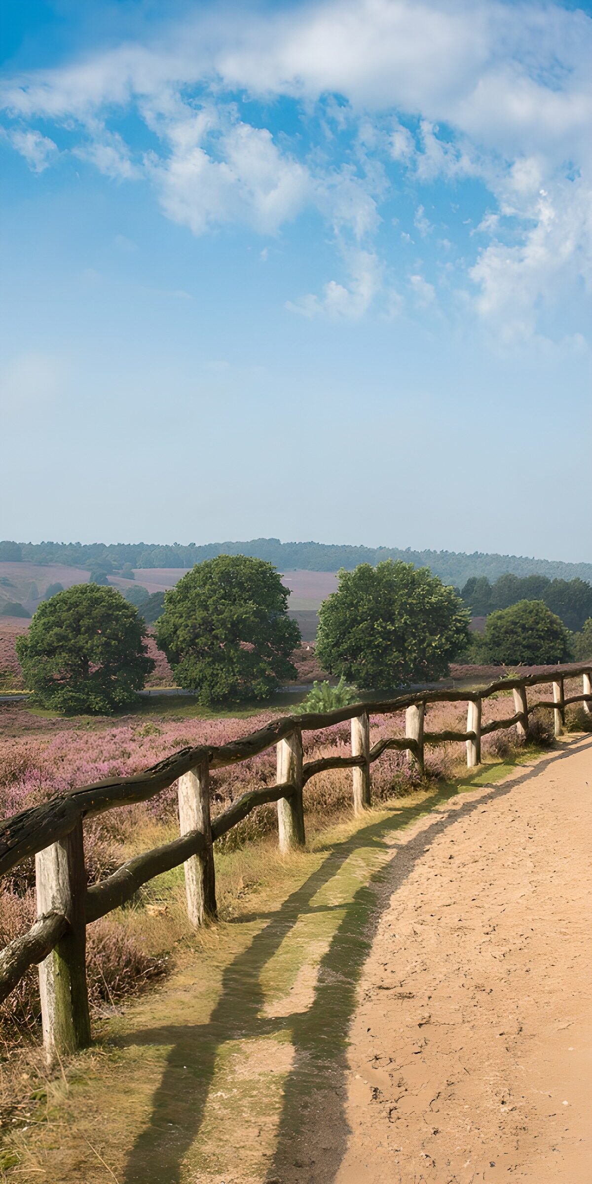 Sunlit heath beside a sandy path