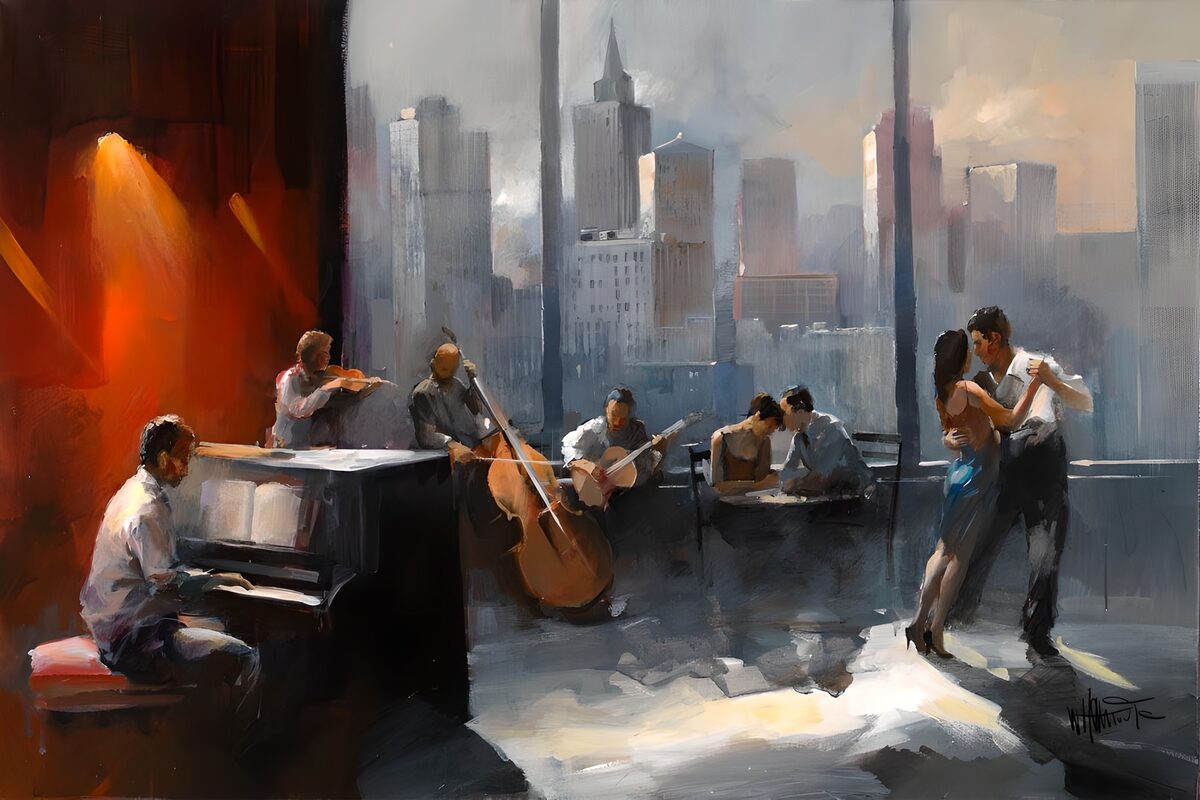 Dancing couple and musicians by the windows