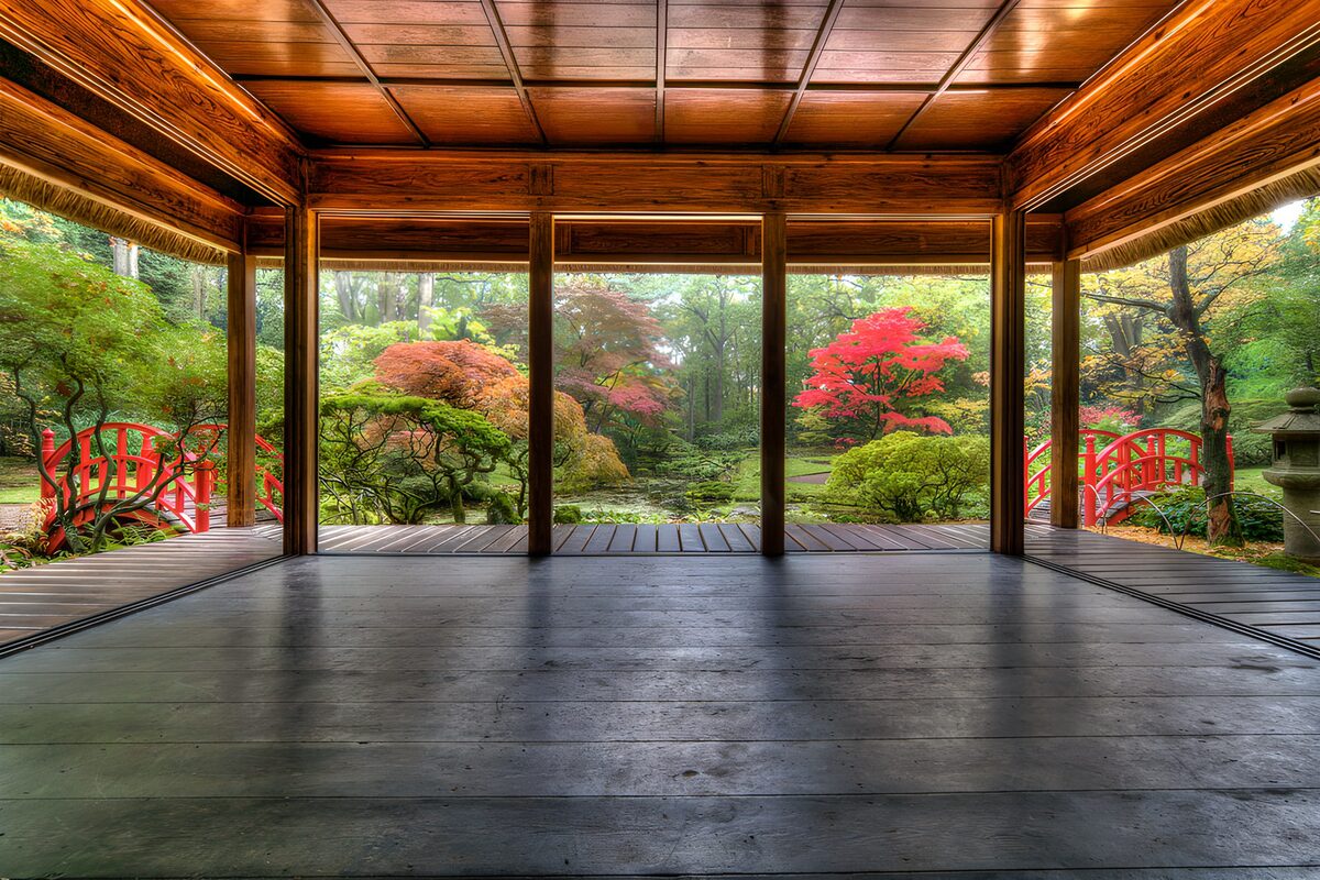 Japanese garden from a shaded pavilion