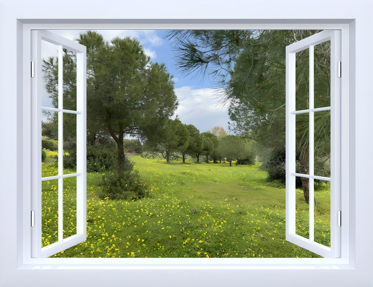 Open white window onto a green meadow