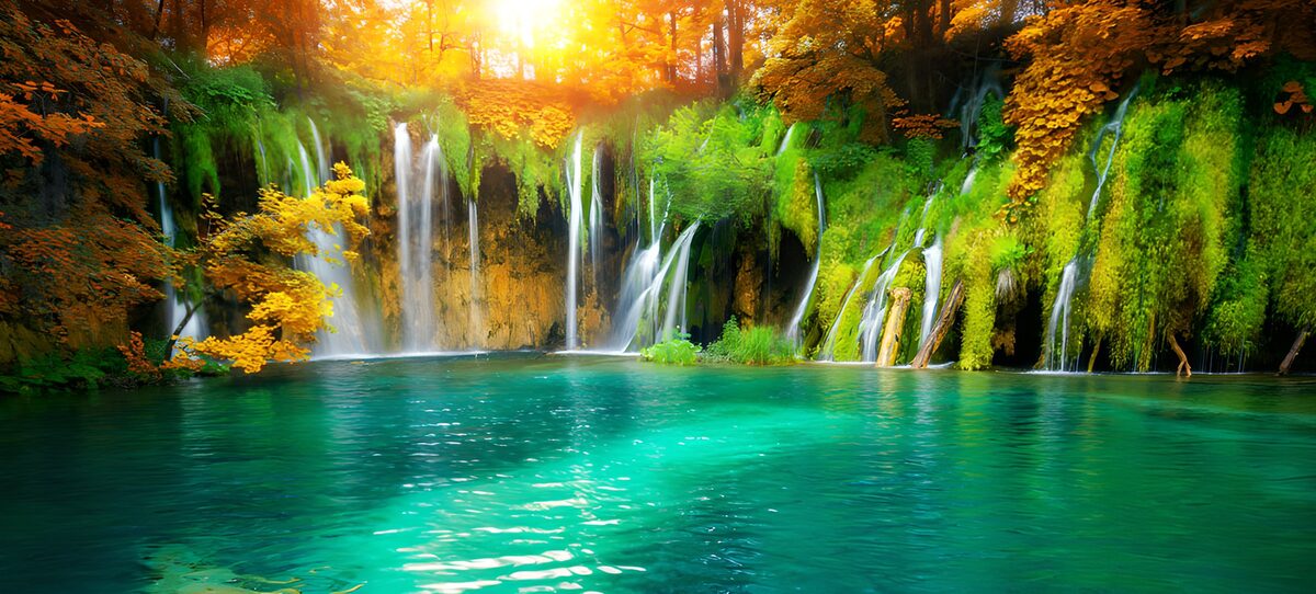 Waterfalls and a sunlit turquoise pool