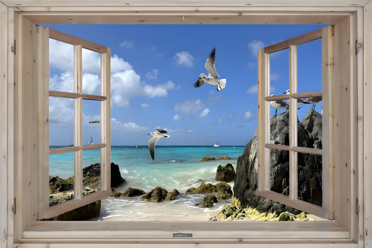 Open window onto a sunlit rocky coast