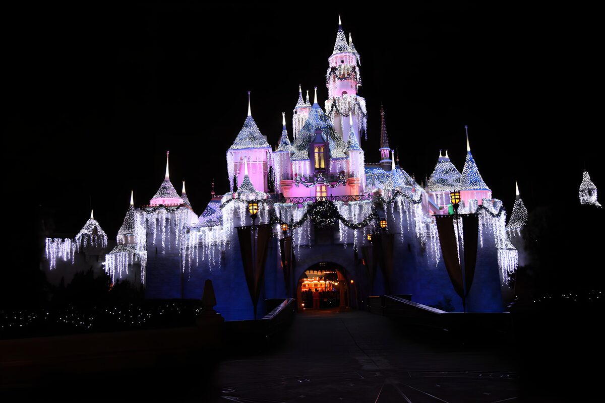 Fairy-tale castle in Christmas lights