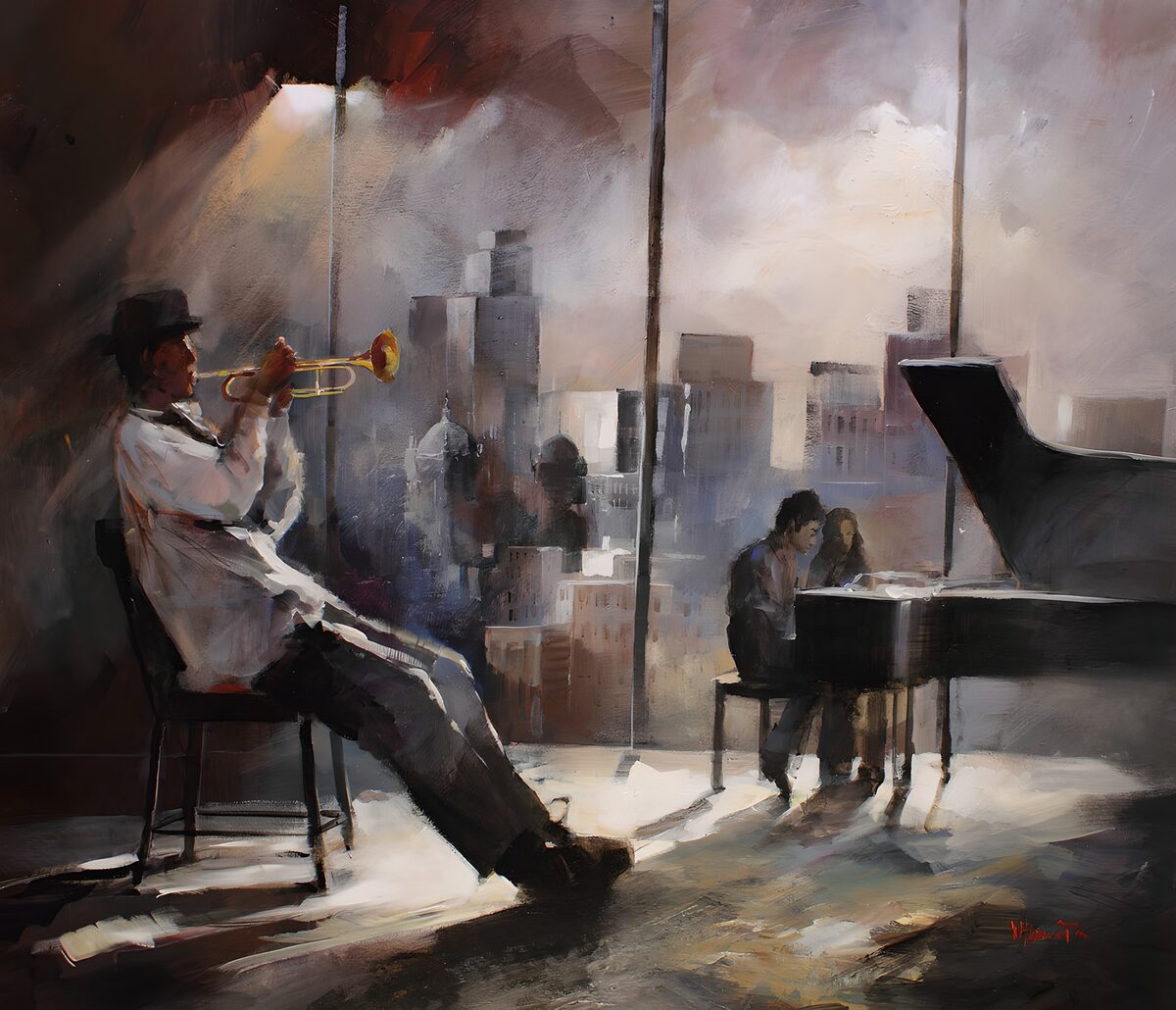 Trumpeter and pianist in soft city light