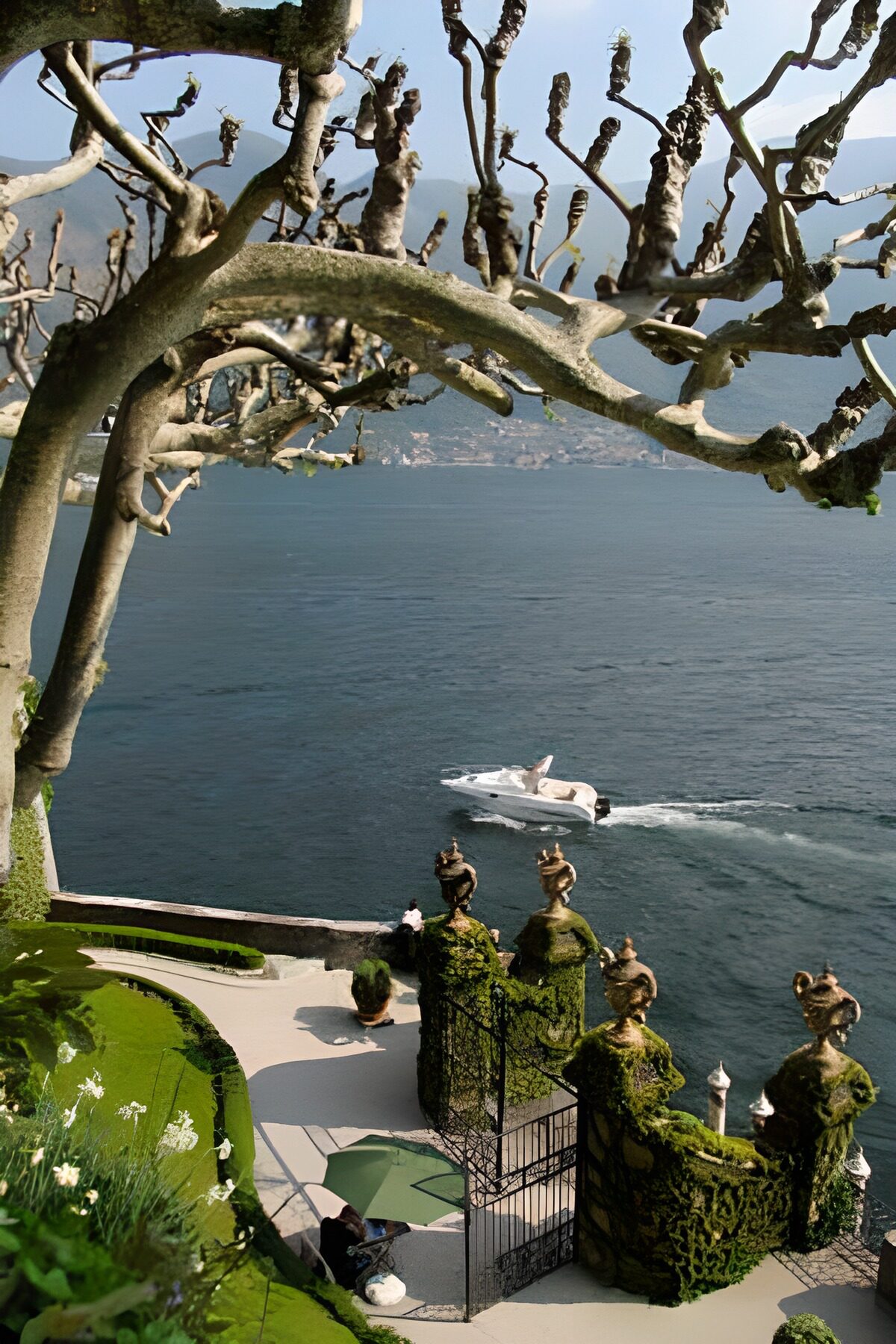 Terraced garden overlooking blue-grey water