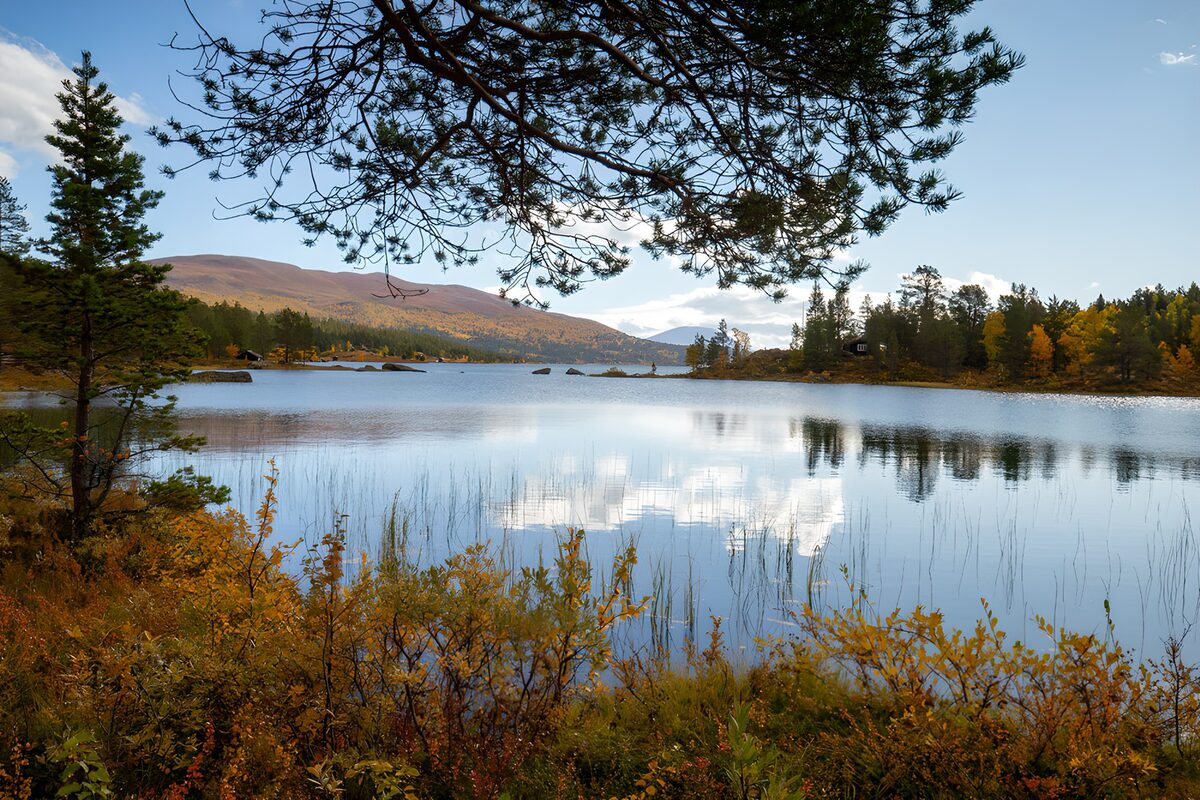 Autumn lake and hills in the sunshine