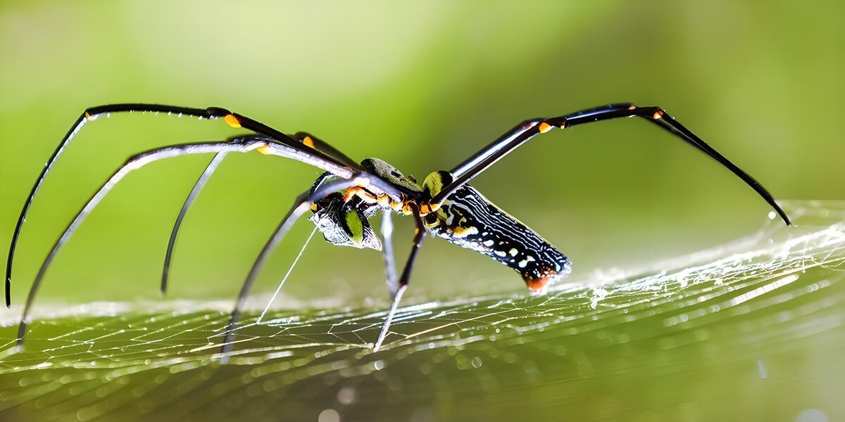 Long-legged spider on a glinting web