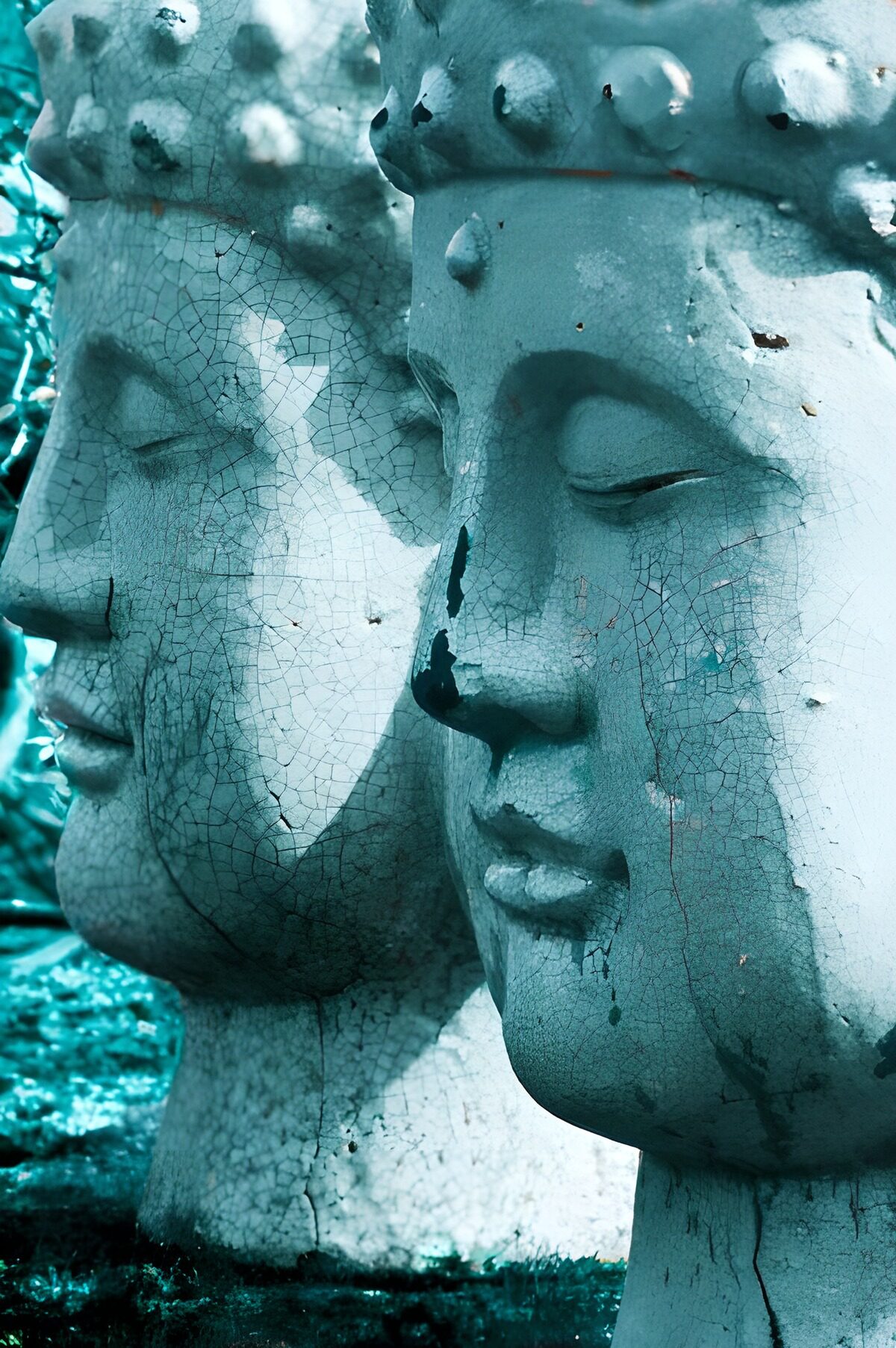 Two weathered heads in turquoise