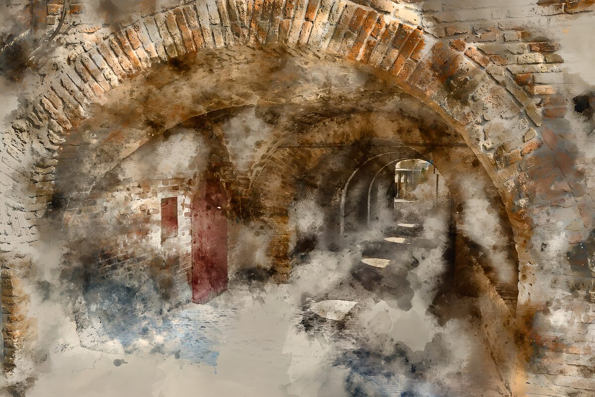 Weathered brick arches and distant light