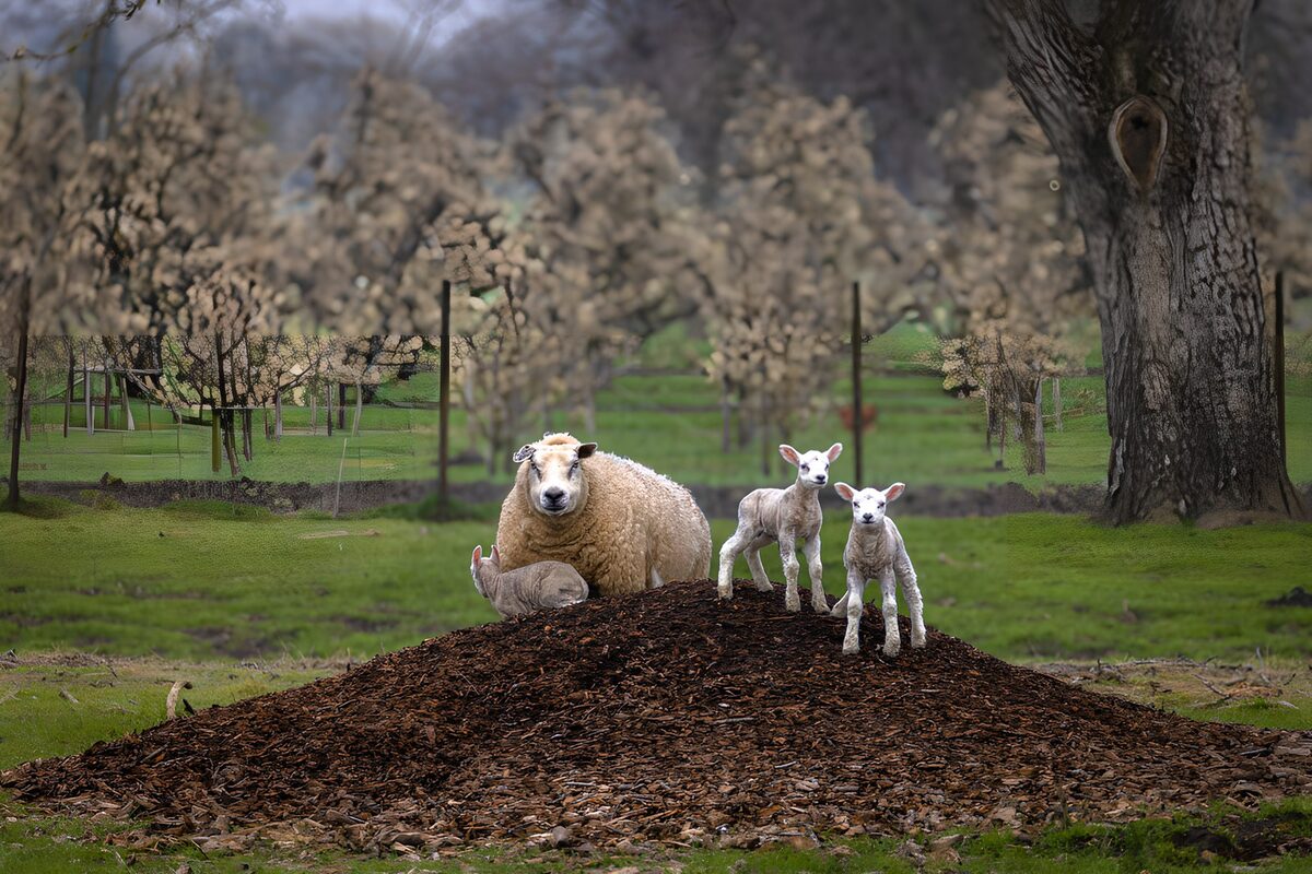 Sheep and three lambs in soft spring light