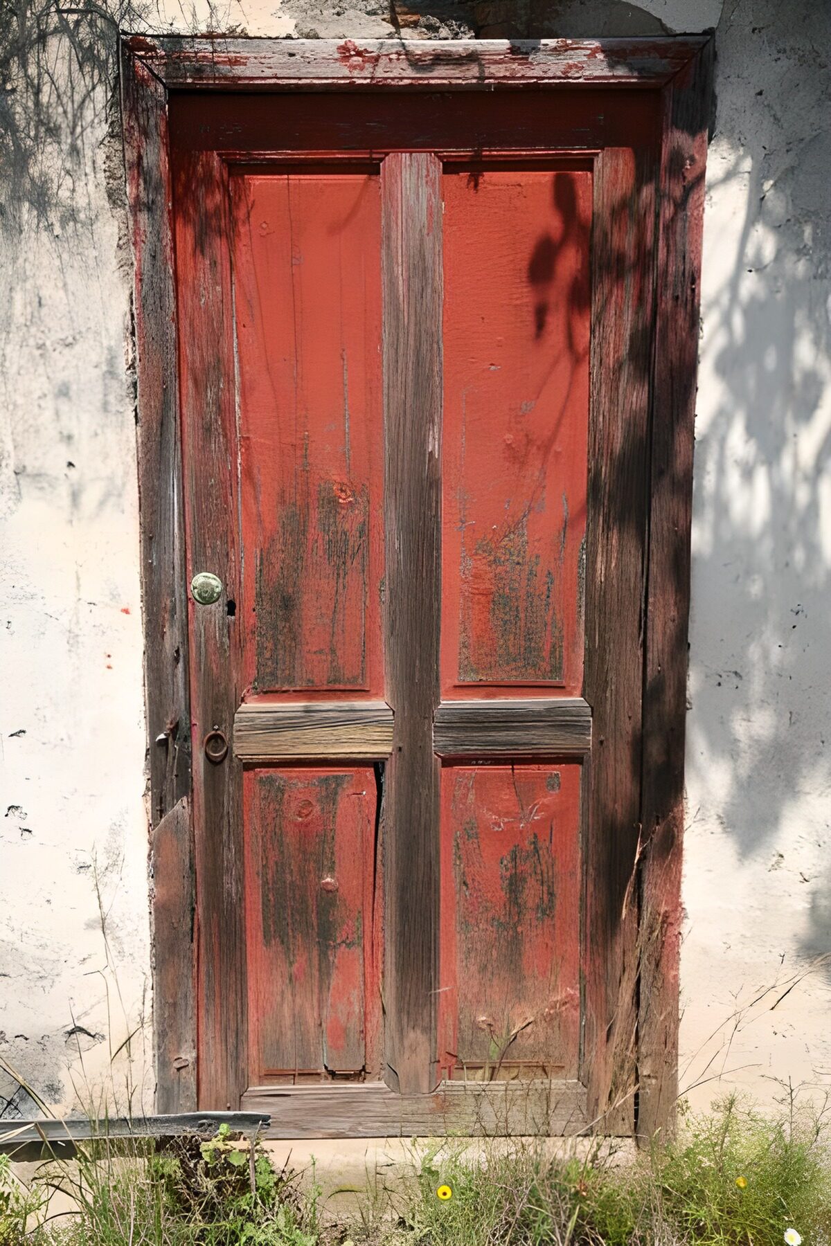 Weathered red door in the sunshine