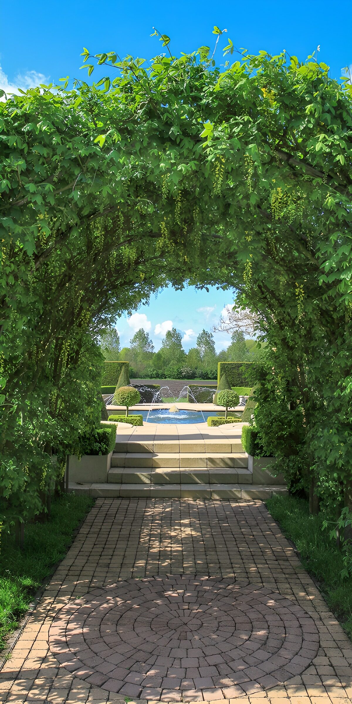 Leafy arch and sunlit fountain garden