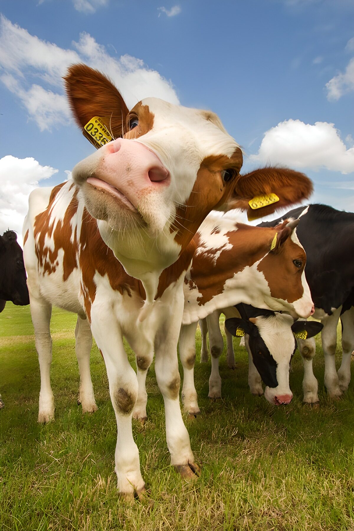 Curious cows in a sunlit pasture