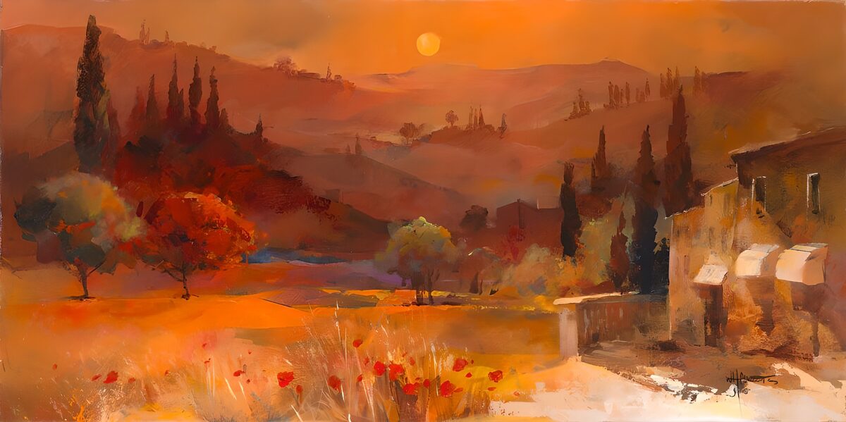 Poppy fields beneath an orange sky