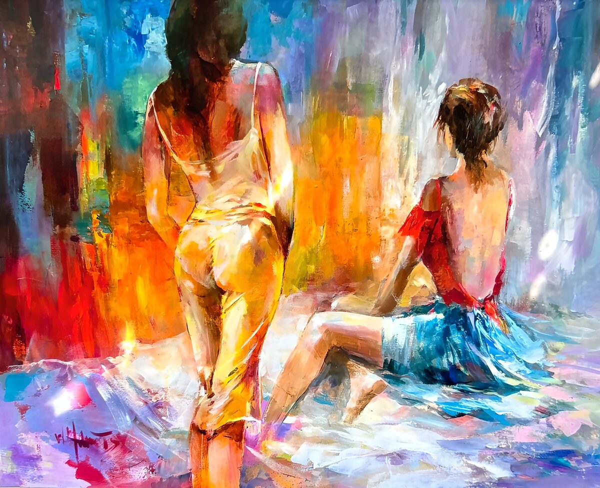 Standing and seated women in warm colour