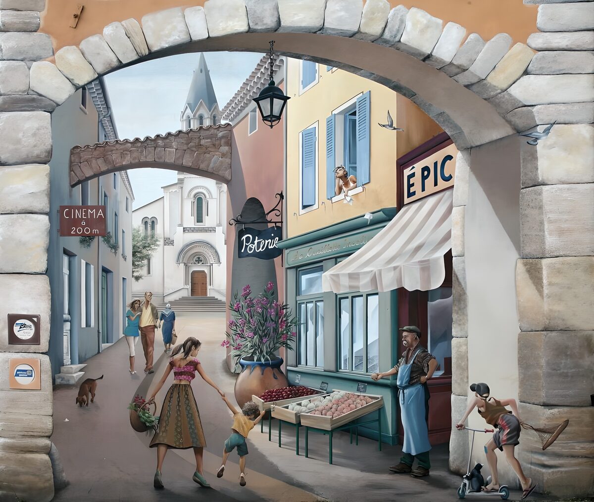 A lively market street beneath the arch