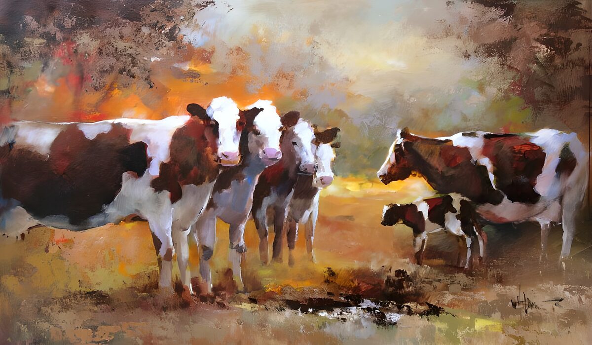 Brown and white cattle in warm colours