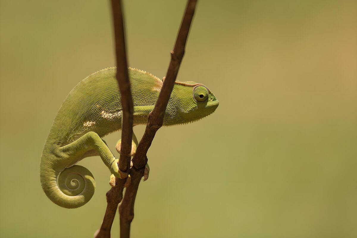 Green chameleon in warm light