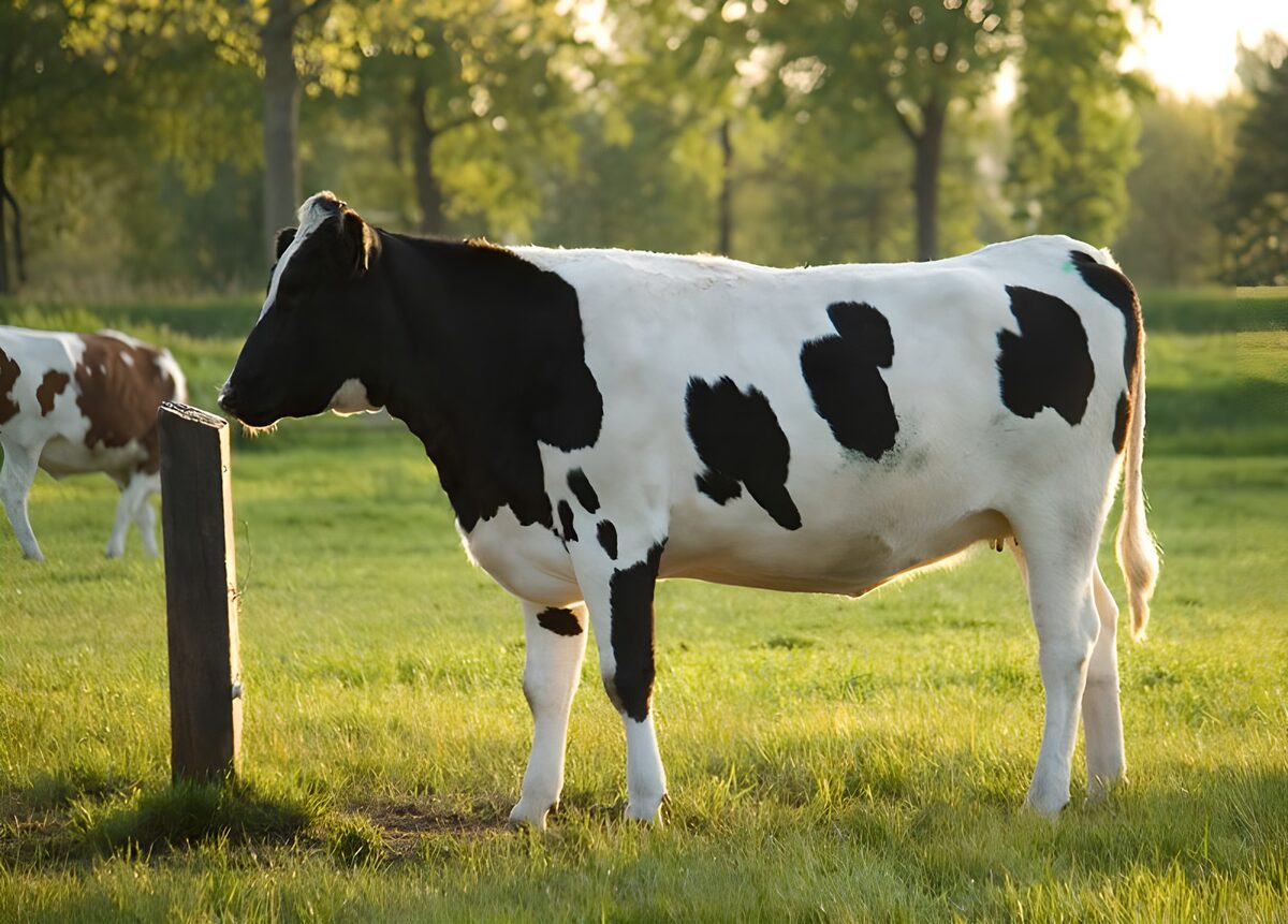 Black-and-white cow in golden light