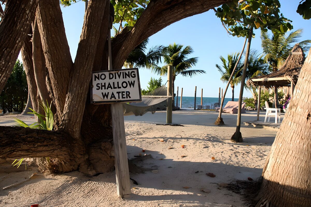 Sunlit beach with a no diving sign