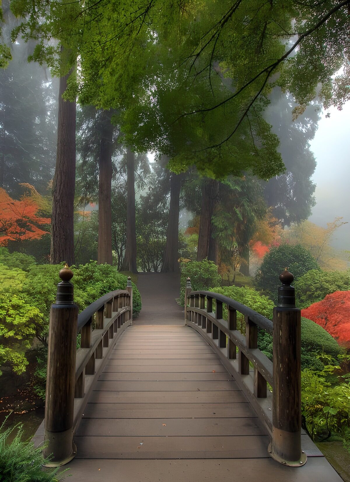 Wooden footbridge in a misty garden