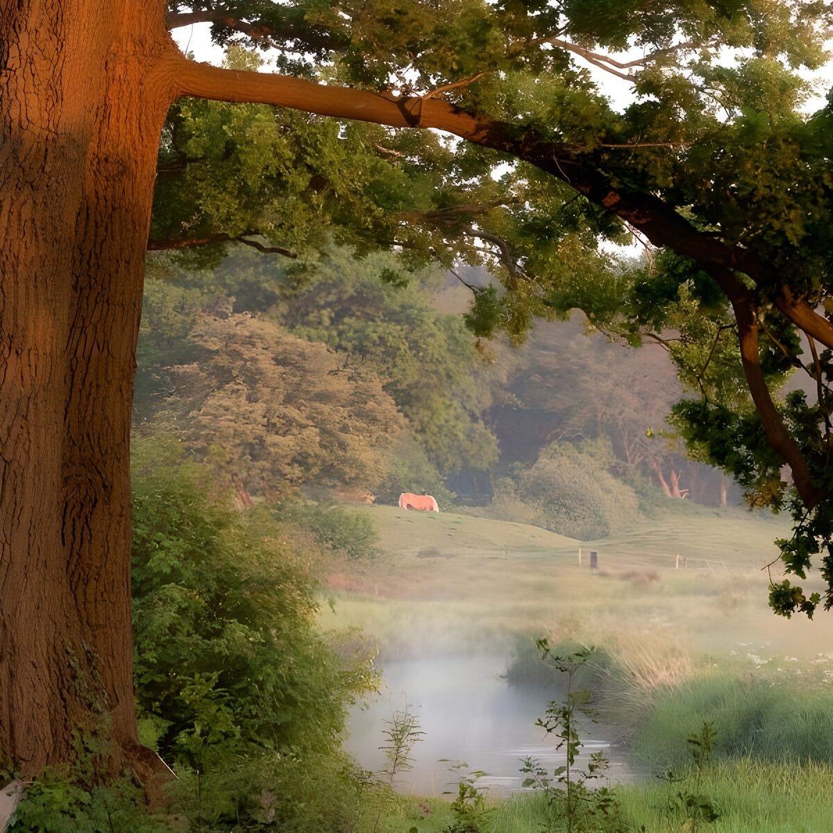 Horse grazing in a misty waterside meadow