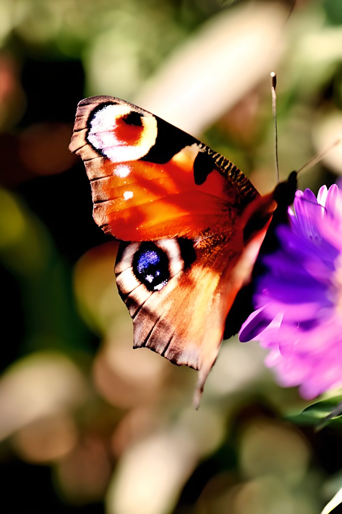 Peacock butterfly on a sunlit purple flower
