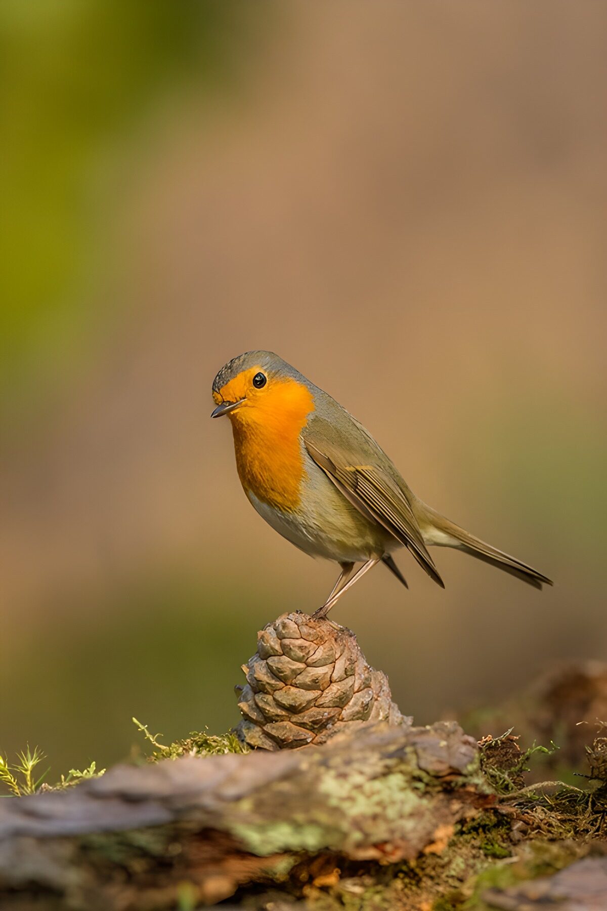 Robin on a pine cone in warm light