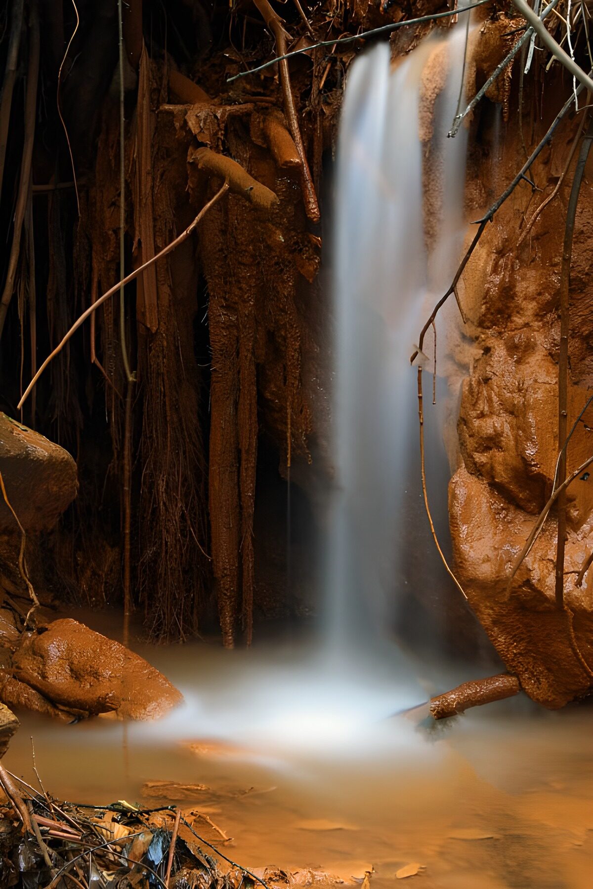 Waterfall between rust-red rocks