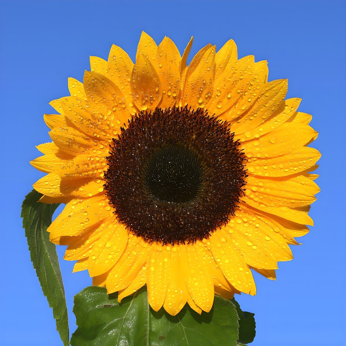 Sunlit sunflower with water droplets