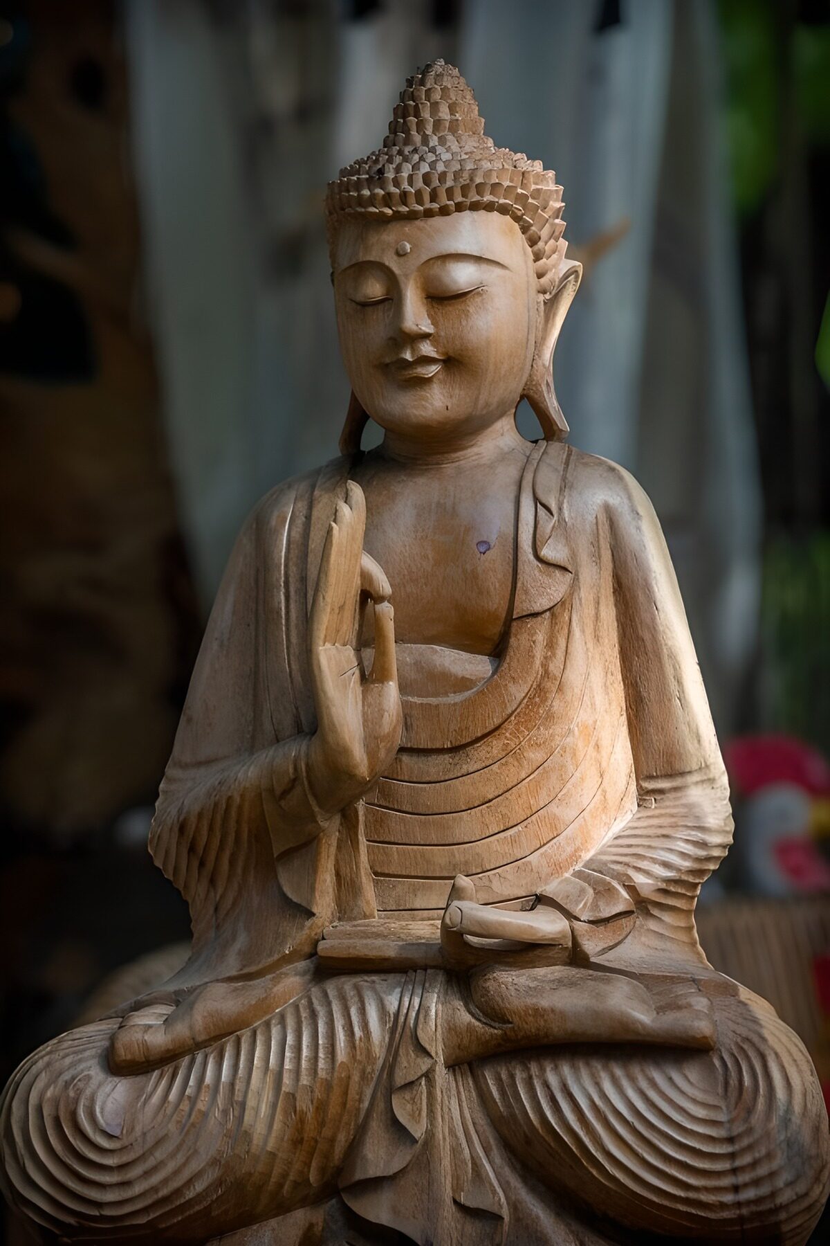 Seated wooden Buddha in warm light