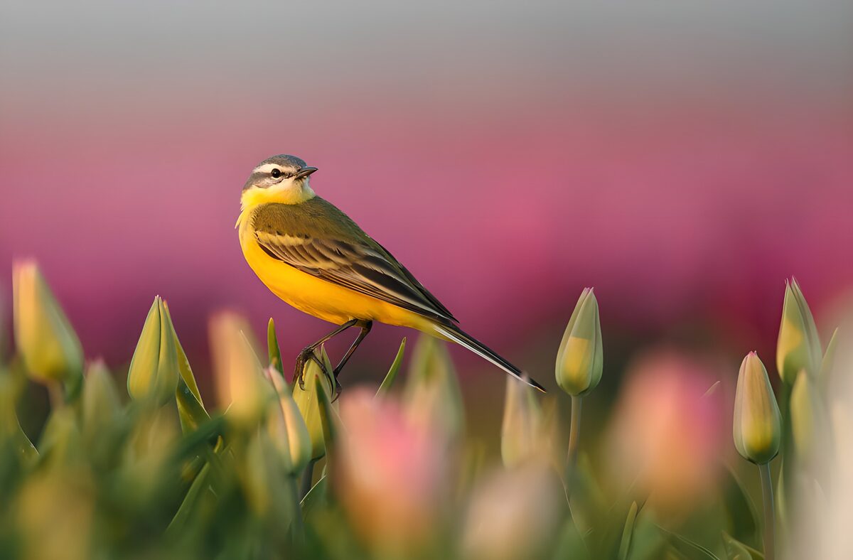 Yellow wagtail in a pastel spring
