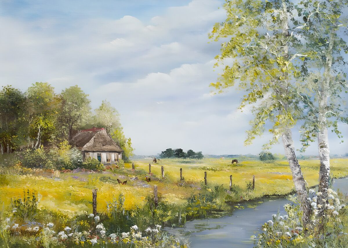 Thatched cottage by a sunlit stream
