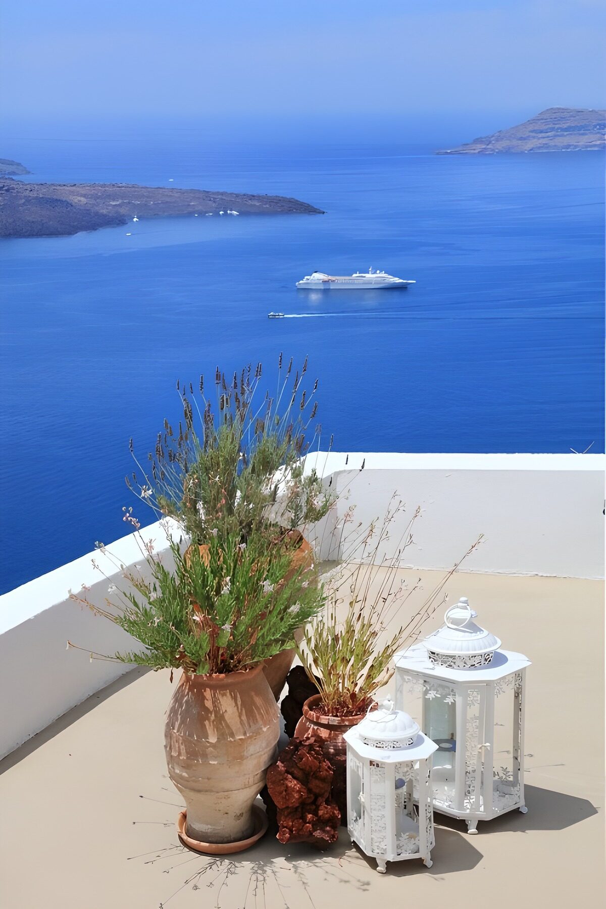 Sunlit terrace with a cruise ship view