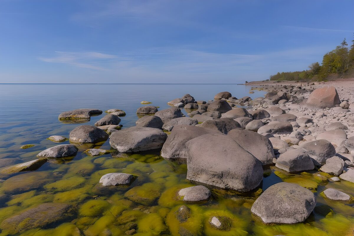 Rounded boulders in calm, clear water