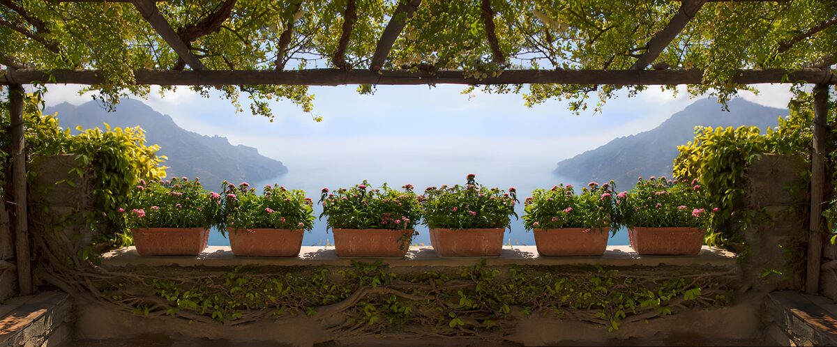 Shaded garden terrace above the bay
