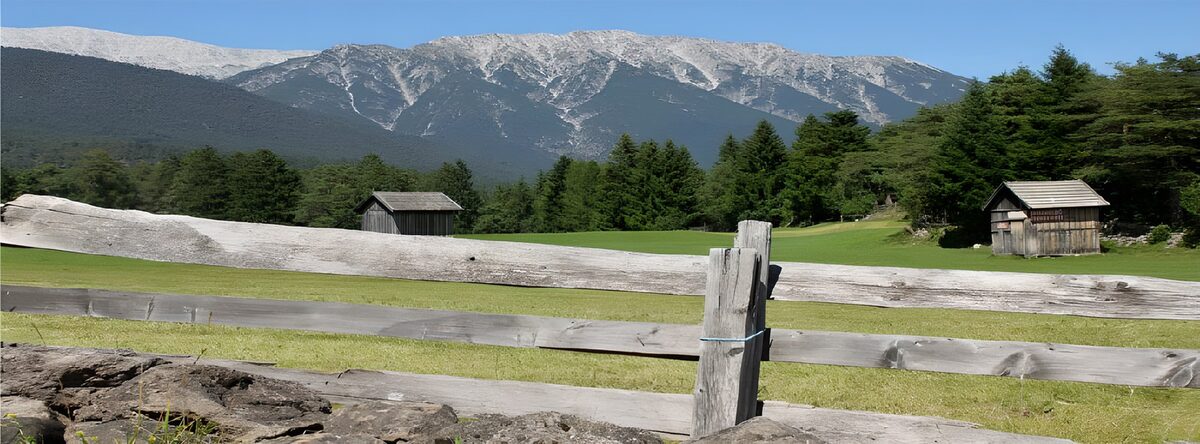 Mountain meadow with huts and a wooden fence