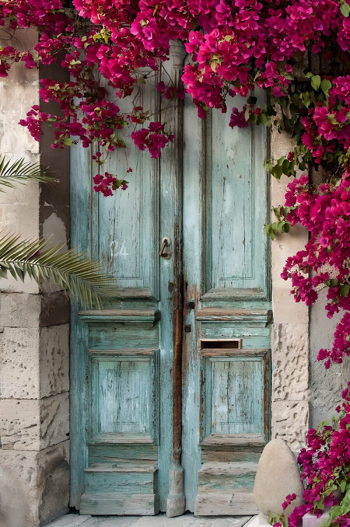 Weathered turquoise doors and bougainvillea