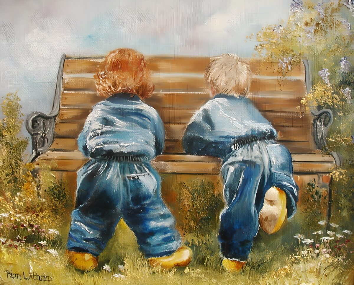 Two toddlers leaning on a garden bench